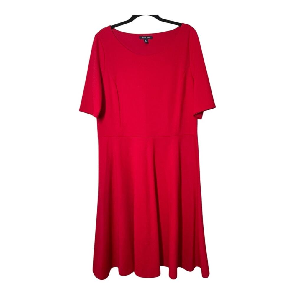 Lands End Red Fit & Flare Dress Midi Modest Large Jersey Knit Sleeve